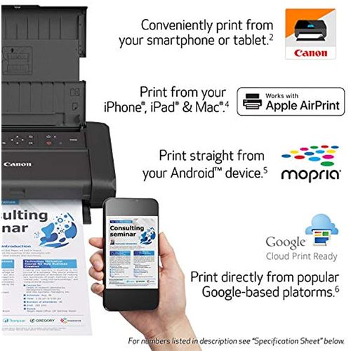 Canon PIXMA TR150 Portable Wireless Inkjet Printer - Color - 4800 x 1200 dpi Print - 50 Sheets Input - 500 Pages Duty Cycle