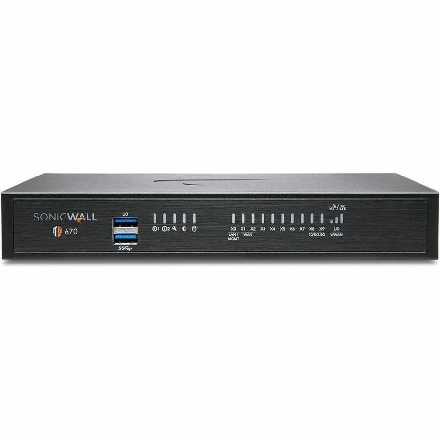 SonicWall TZ670 Network Security/Firewall Appliance - 8 Port - 10/100/1000Base-T - Gigabit Ethernet - 5 Gbit/s Firewall Throughput - DES, 3DES, AES (128-bit), AES (192-bit), AES (256-bit), MD5, SHA-1, SSL - 250 VPN - 2 Total Expansion Slots