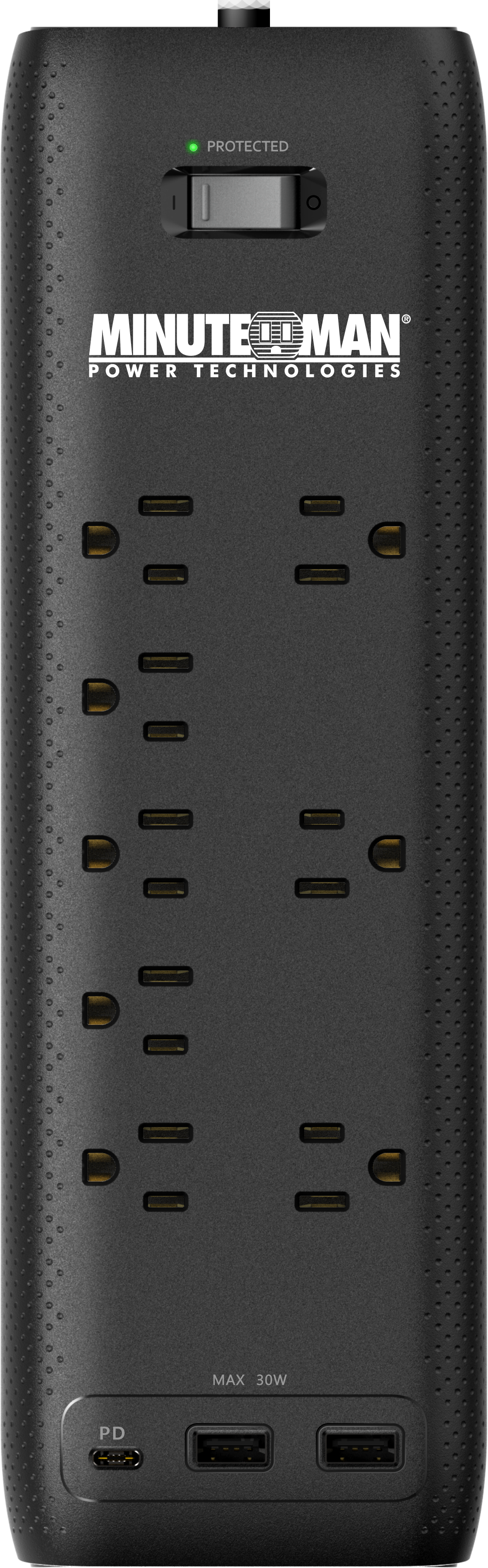 Minuteman MMS-STP8U3 MMS 8-outlet surge protector, (8) grounded outlets - (3) are transformer spaced, (2) USB Type A & (1) USB Type C Chargers, 5V 30W (combined) charging capacity, UL 1449, UL 1363