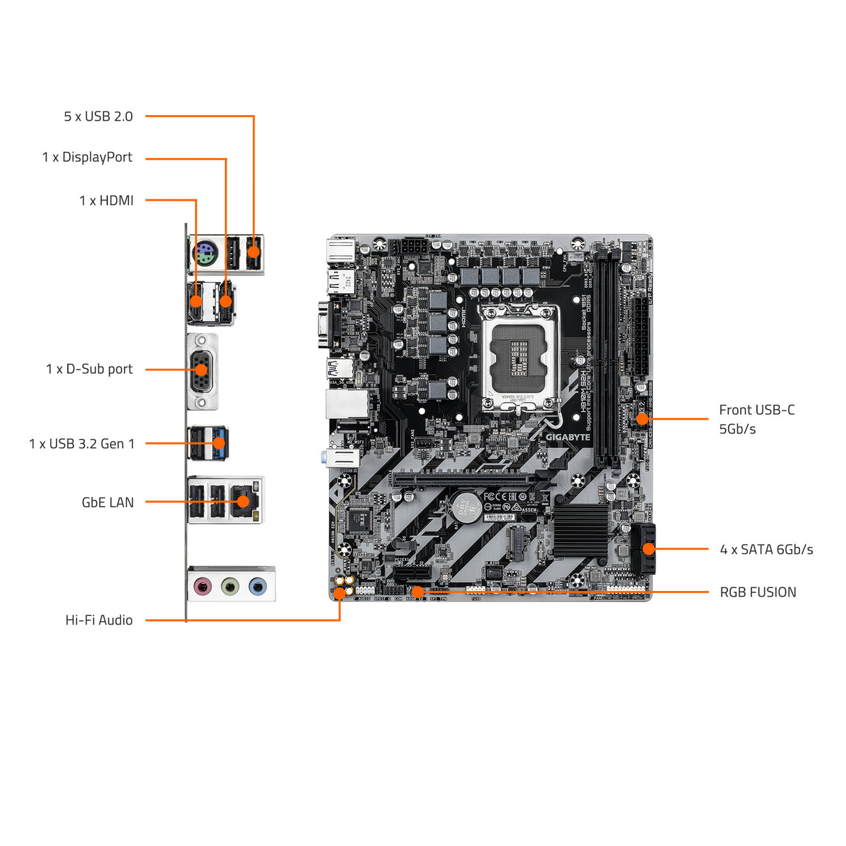 GIGABYTE H810M S2H Intel Core Ultra (Series 2) LGA 1851 Motherboard, mATX, DDR5, 1x M.2, PCIe 4.0, USB 3.2 Gen1, 1GbE LAN, EZ-Latch