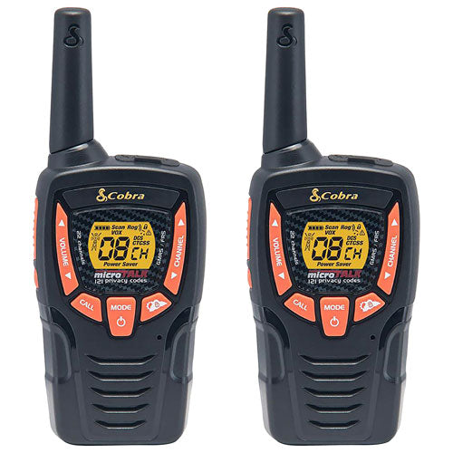 Cobra ACXT345 Weather-Resistant Walkie Talkies for Adults: Rechargeable, 22 Channels, Long-Range, 2 Two-Way Radios, 2 Headsets, Black/Orange Walkie Talkie 2-Pack