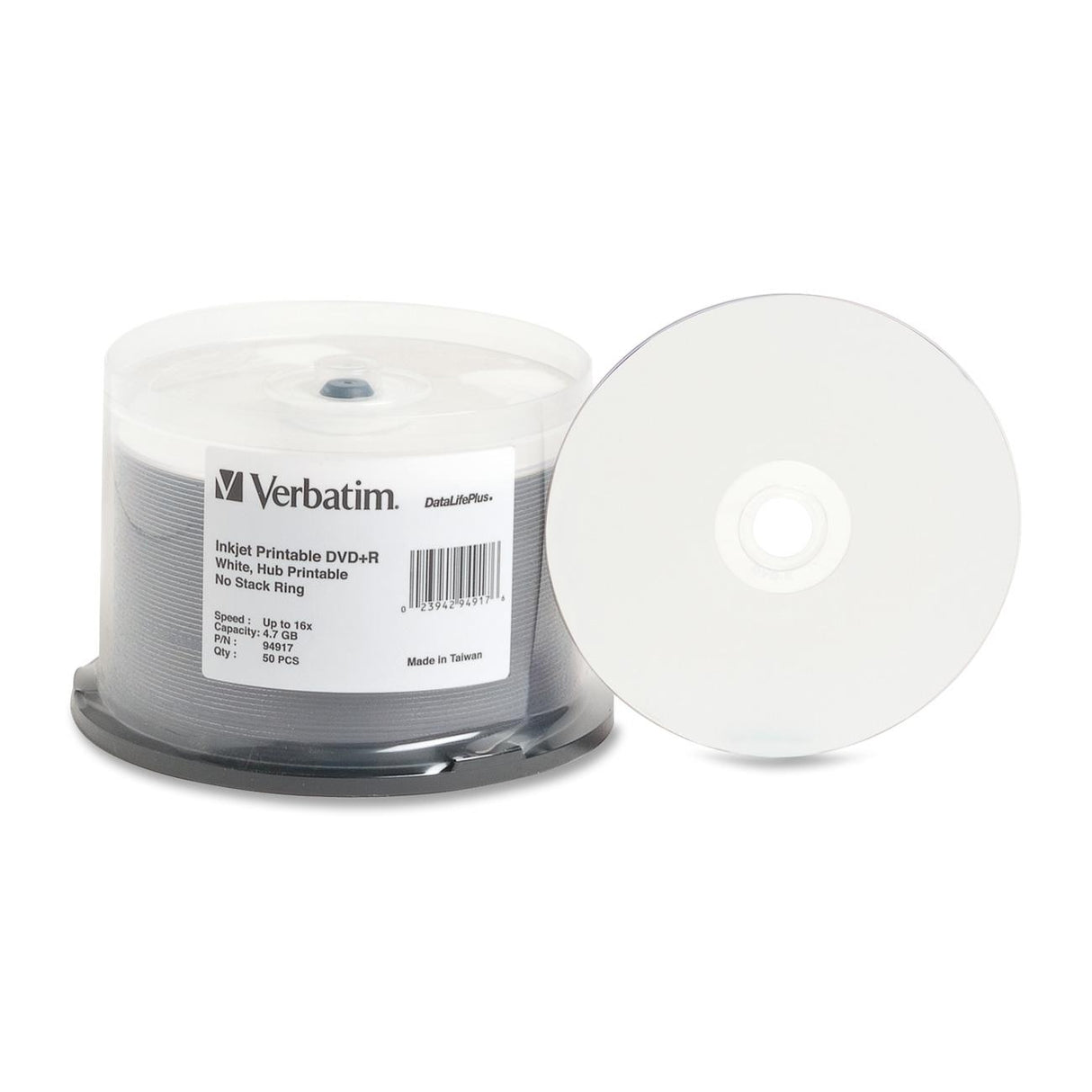 Verbatim Inkjet Printable DVD+R Discs 4.7 GB 16X Spindle White 50 Pack
