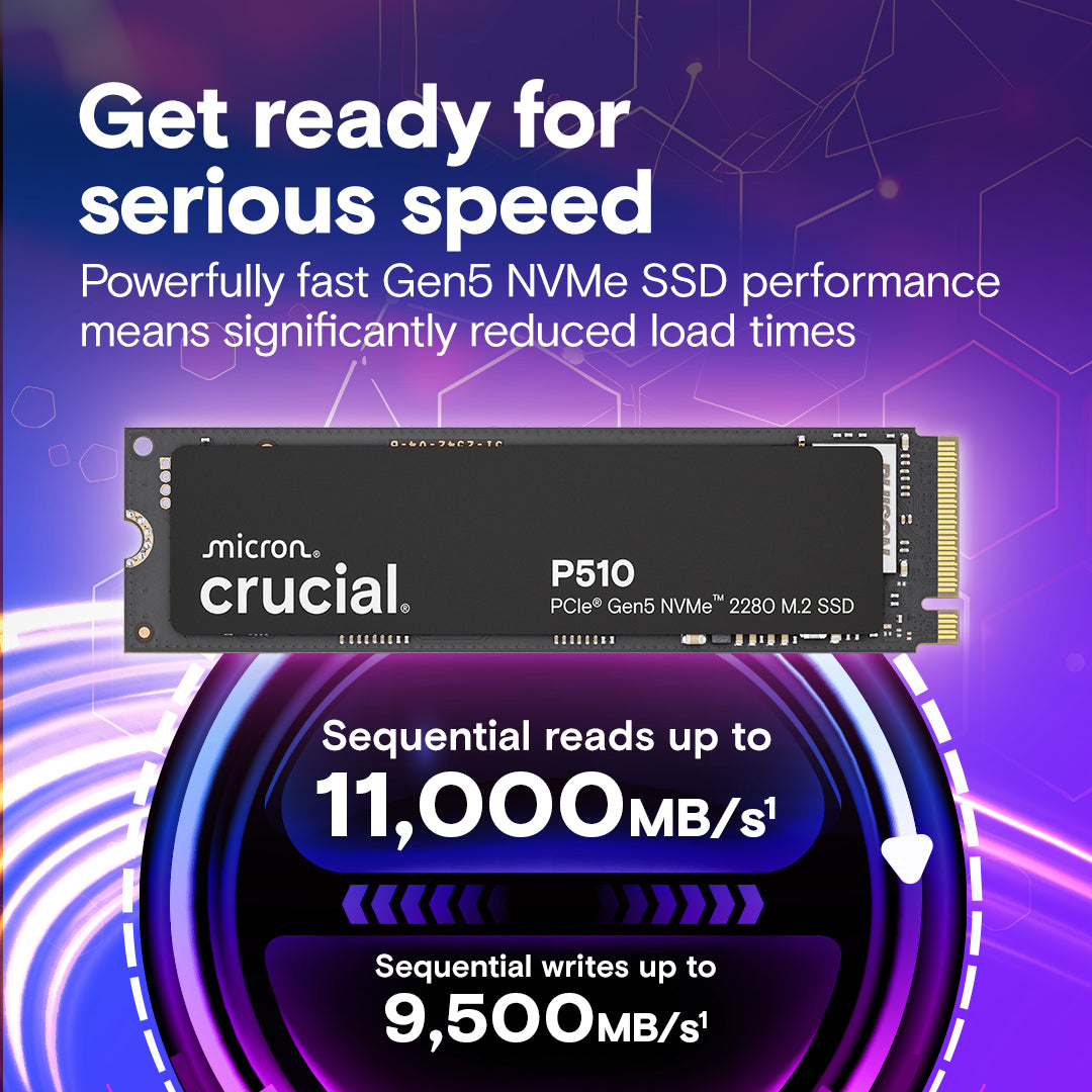 Crucial P510 2TB Gen5 NVMe SSD, Up to 10,000 MB/s, PCIe 5.0 M.2 2280 SSD, Internal Solid State Drive, Compatible with Laptop, CT2000P510SSD8