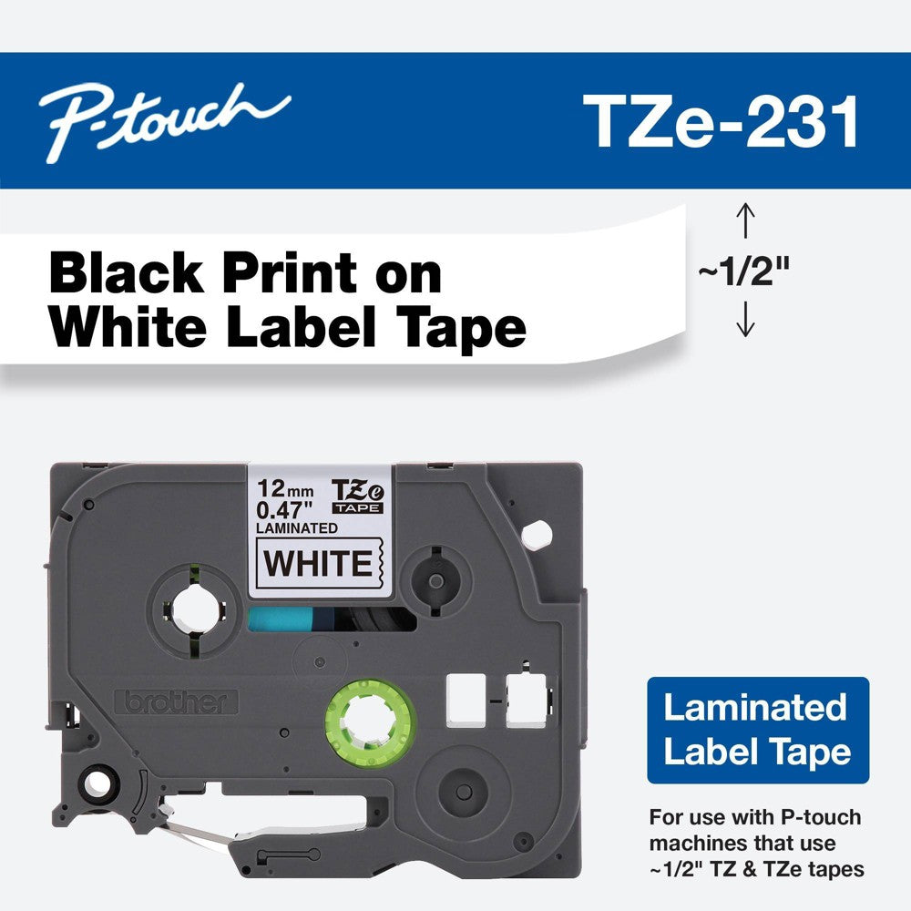 Brother P-Touch Tze231, Laminated, 1/2 X 26.2 Ft (12Mm X 8M), Black On White Label Tape