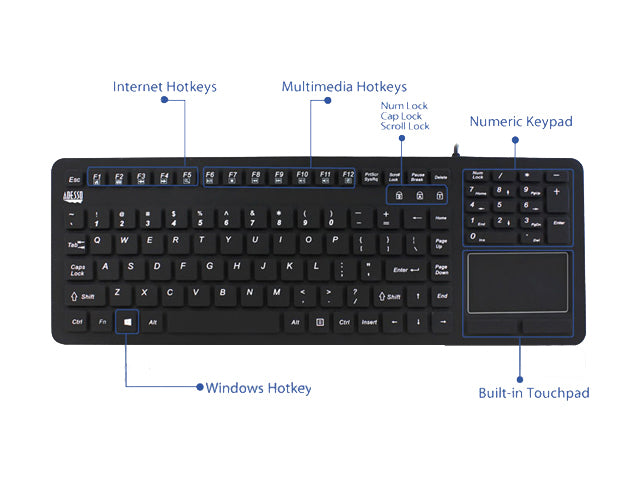 Adesso AKB-270UB SlimTouch Antimicrobial Waterproof USB Compact size Touchpad keyboard, 15.50x 5.50x 0.43 (Black)