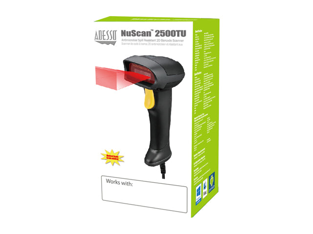Adesso NuScan 2500TU Heavy Duty Long Range Handheld 1D/2D Barcode Scanner, USB, Spill Resistant, Antimicrobial, Drop Protection - NUSCAN2500TU