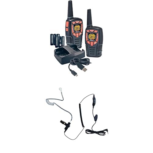 Cobra ACXT545 Weather Resistant Walkie Talkies for Adults with Compatible Cobra Surveillance Headset Microphone: Rechargeable, 22 Channels, Long Range, 2 Two-Way Radio’s, 2 Headsets, Black/Orange 545 Walkie Talkie + Headset (2 pc)