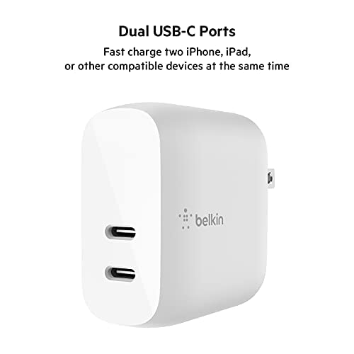 Belkin 40W Dual Port USB C Wall Charger - USB Type C Charger Fast Charging for iPhone 14, 14 Pro, 14 Pro Max, 13, 13 Pro, 13 Pro Max, Galaxy S21 Ultra, iPad, AirPods & More - USBC Charger (2-Pack)