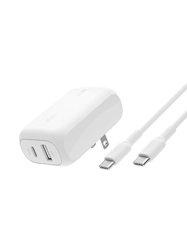 Belkin BoostCharge 42W Dual Port Wall Charger, USB-C + USB-A Charger Fast Charging for iPhone 16, 15, & 14 Series, Galaxy S25 Series, iPad, AirPods & More - USB-C to USB-C Cable Included - White Includes C-C Cable