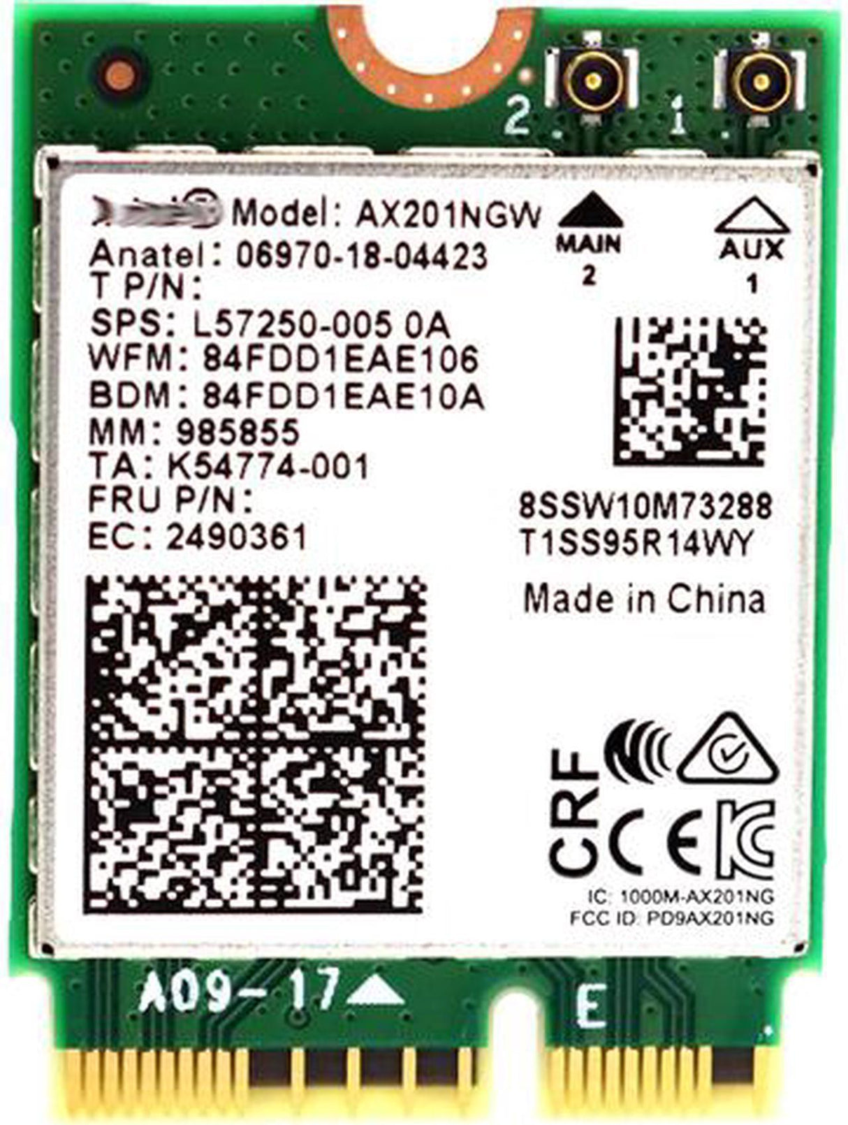 Intel AX201 IEEE 802.11ax Bluetooth 5.0 Wi-Fi/Bluetooth Combo Adapter For Notebook AX201.NGWG.NV