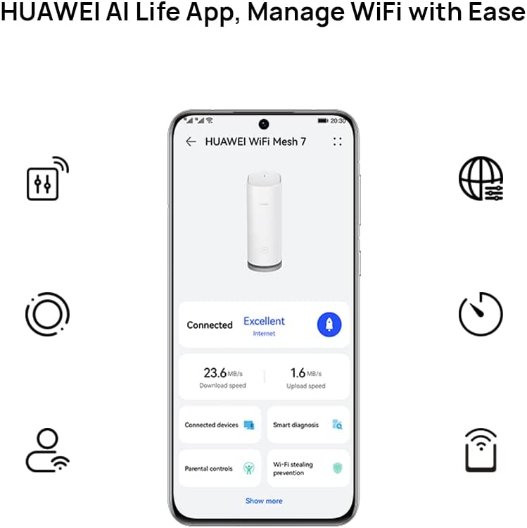 HUAWEI WiFi Mesh7 WiFi System, Speed up to 6600 Mbps, Tri-Band WiFi 6 Router + Satellite, AX6600 for up to 600 m² Coverage, Smart Roaming for Multiple Levels, 2 Pack, White