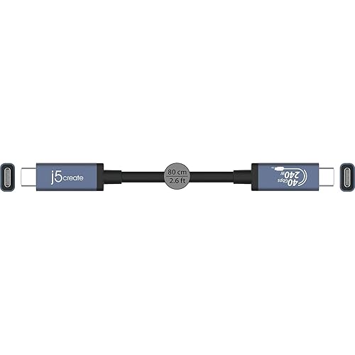 j5create USB 40Gbps 240W USB Type-C Cable, Black/Space Gray, JUC29L08