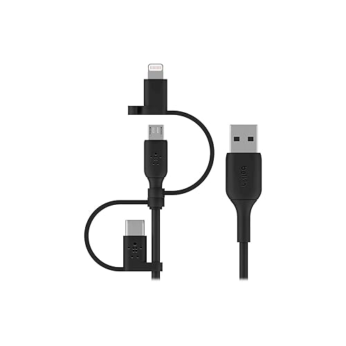 Belkin BoostCharge 3-in-1 USB-A to USB-C, Lightning, Micro-USB Charging Cable (1M/3.3ft) for iPhone 16, iPhone 16 Pro, iPad, Galaxy S25, S24, Pixel, Nintendo Switch 2 & More - Black