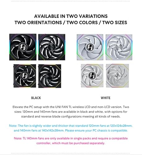 Lian Li UNI Fan TL - Wireless 140 - Pack of 1 (Reverse Blade) - 2.4GHz Wireless Signal ARGB Fan Control - Dual Zone Lighting - FDB - 140mm - Controller Not Included and Not Required 140 Reverse Black