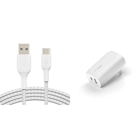 Belkin 6.6ft Braided USB-C Cable, Boost Charge USB-C to USB Cable, USB Type-C Cable & 37 Watt USB C Wall Charger - Power Delivery 25W USB C Port + 12W USB A Port White 6.6 ft Braided Cable + Wall Charger