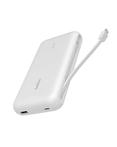 Belkin Portable Charger, Power Bank with Integrated Cable 20000 mAh 30W - Fast Charging USB C Power Delivery, iPhone Charger - iPhone 16 Series, iPad Pro, Galaxy S25 Series, & More - White White 20K mAh UCB-C