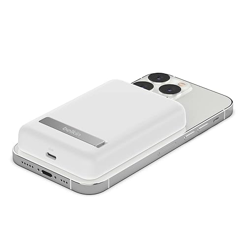 Belkin BoostCharge Wireless Power Bank 5K w/MagSafe Compatible 7.5W Charging, Built-in Pop-up Kickstand - Compatible w/iPhone 16, 16 Plus, 16 Pro, 16 Pro Max, iPhone 15, AirPods, and More - White