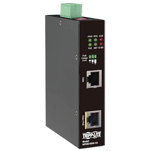 Tripp Lite Gigabit Ethernet PoE Injector Heavy-Duty Industrial, 1-Port, 60W PoE++, 1 Gbps, Power + Data up to 328 Feet / 100 Meters, IP30 Housing, DIN Rail-Mount Ready, 3-Year Warranty (NPOEI-60W-1G)