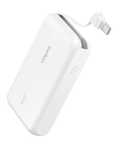 Belkin Power Bank, Portable Power Bank with Integrated Cable 10K PD 20W - Fast Charge USB-C Power Delivery, Portable iPhone Charger for iPhone 16 Series, iPad Pro, Galaxy S24, and More - White