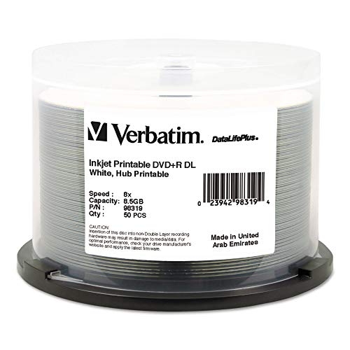 Verbatim DVD+R Dual Layer Printable Recordable Disc, 8.5 GB, 8x, Spindle, White