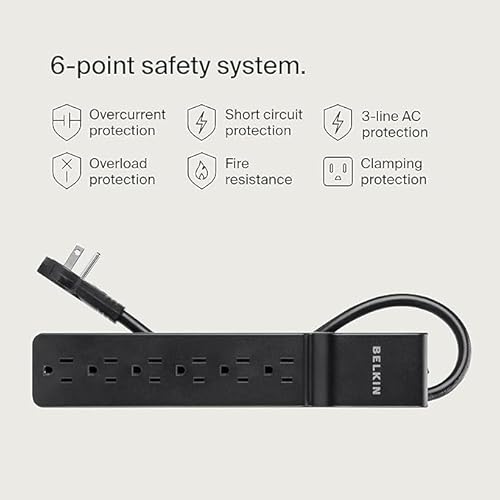 Belkin Power Strip Surge Protector with 6 AC Multiple Outlets - Flat Rotating Plug, 6 ft Long Heavy-Duty Extension Cord for Home, Office, Travel, Computer Desktop & Charging Brick (600 Joules) 3PK