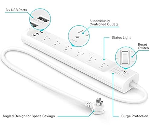 Kasa Smart Plug Power Strip HS300, Surge Protector with 6 Individually Controlled Smart Outlets and 3 USB Ports, Works with Alexa & Google Home, No Hub Required , White 6 Outlets