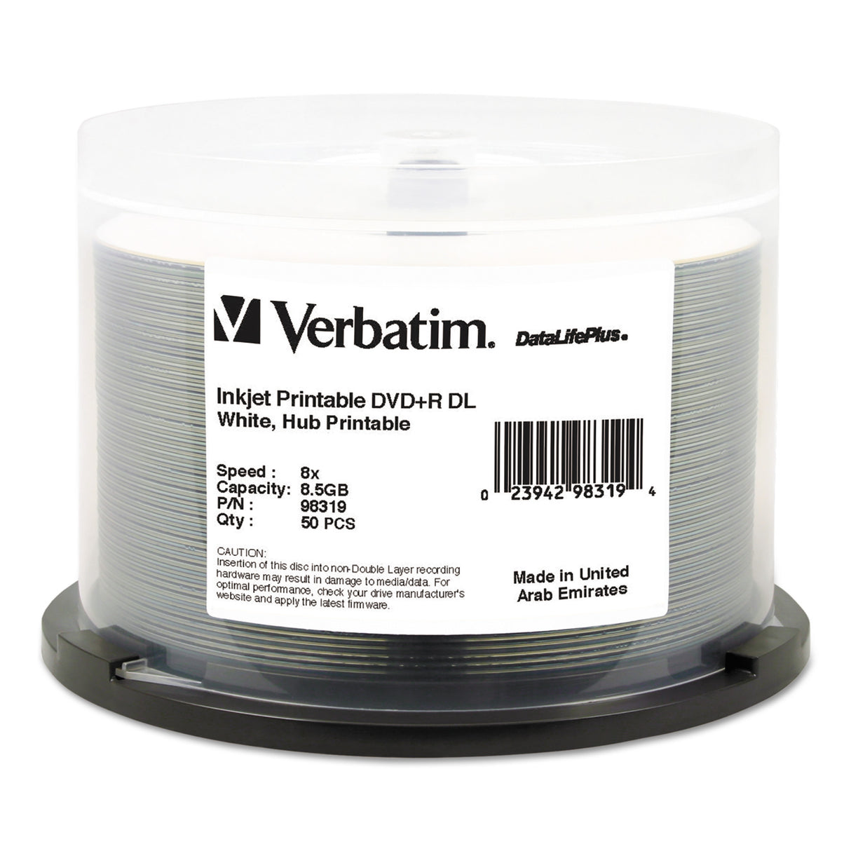 Verbatim DVD+R Dual Layer Printable Recordable Disc, 8.5 GB, 8x, Spindle, White