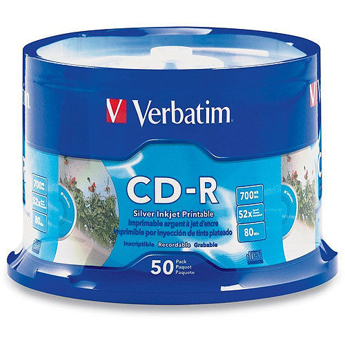 Verbatim CD-R 52x 700 MB/80 Minute Disc Silver Inkjet Printable 50 Pack Spindle