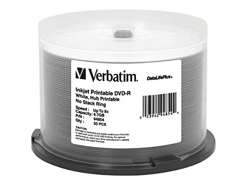 Verbatim 94854 4.7GB 8x DataLifePlus White Inkjet Printable/Hub Printable DVD Rs 50 Ct Spindle