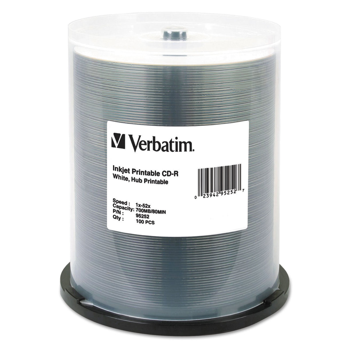 Verbatim Hub IJ Printable CD-R Discs, 700MB/80min, 52x, Spindle, White