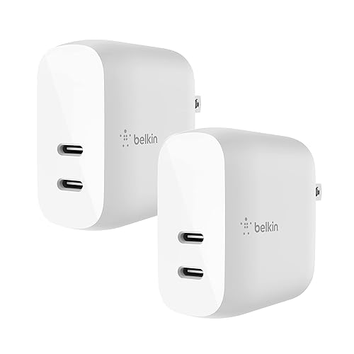 Belkin 40W Dual Port USB C Wall Charger - USB Type C Charger Fast Charging for iPhone 14, 14 Pro, 14 Pro Max, 13, 13 Pro, 13 Pro Max, Galaxy S21 Ultra, iPad, AirPods & More - USBC Charger (2-Pack)
