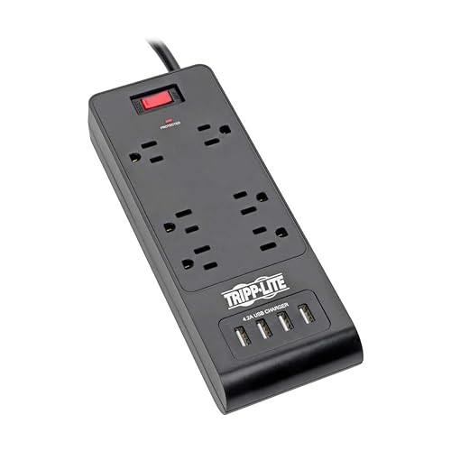 Tripp Lite Surge Protector Power Strip 6-Outlets 4 USB Ports 6ft Cord Black TLP664USBB