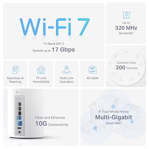 TP-Link Deco BE17000 Tri-Band WiFi 7 Mesh System (Deco BE75) - 8-Stream, 17 Gbps, 200+ Device Connect, 10 Gbps Wired, AI Roaming, Google/Alexa, HomeShield 2-Pack Wi-Fi 7 | BE17000,10G Port 2-Pack