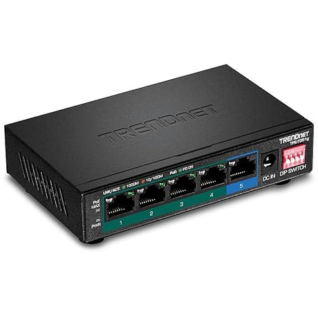 TRENDnet 5-Port Gigabit PoE+ Switch, Camera DIP Switch extends PoE+ 200m (656 ft.), 60W PoE Budget, Black, TPE-TG51g