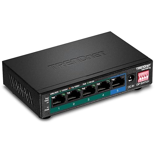 TRENDnet 5-Port Gigabit PoE+ Switch, Camera DIP Switch extends PoE+ 200m (656 ft.), 60W PoE Budget, Black, TPE-TG51g