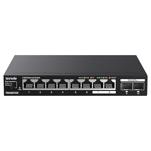 Tenda TEM2010X, 8 Port 2.5G Ethernet Switch Support VLAN & Static Link Aggregation, Unmanaged 2.5Gb Switch with 8 x 2.5G Ports & 2 x 10Gb SFP Slots, 80Gbps Switching Capacity, Fanless Metal Design