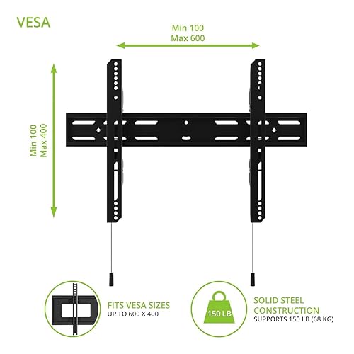 Kanto PF300 Fixed Low-Profile TV Mount for 32 to 90 TVs | Up to 150 lb (68 kg) | VESA 100 x 100 to 600 x 400 | Post-Installation Leveling | Lockable Arms | Quick Release | Black 32 to 90 Inch TVs