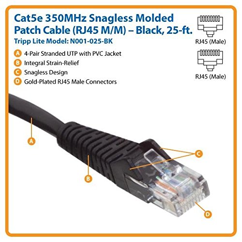 Tripp Lite N001-025-Bk 25' Cat5E Cat5 350Mhz Black Snagless Molded Patch Cable Rj45M/M-25Ft 25 Feet Black