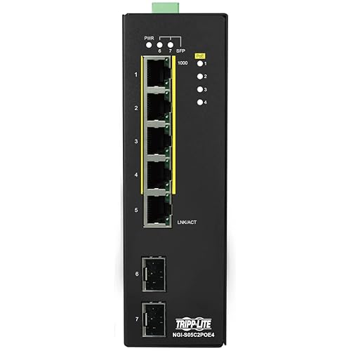 Tripp Lite Industrial 5-Port Lite Managed PoE+ Gigabit Ethernet Switch, 2 SFP GbE Slots, 10/100/1000 Mbps RJ45 Ports, 30W Power over Ethernet+, 14° to 140°F Temp Range, 3-Year Warranty (NGI-S05C2POE4) Lite Managed PoE+ 5-Port 2 SFP Slots