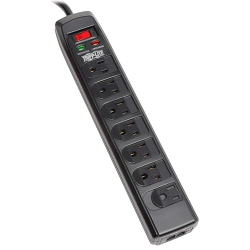 Tripp Lite 7 Right Angle Outlet Surge Protector Power Strip, 6ft. Cord, Right Angle Plug, 1440 Joules, Tel/Modem Protection, Safety Covers, 50K Insurance & (TLP706TELC) Black 7 Outlet + TEL (Black)
