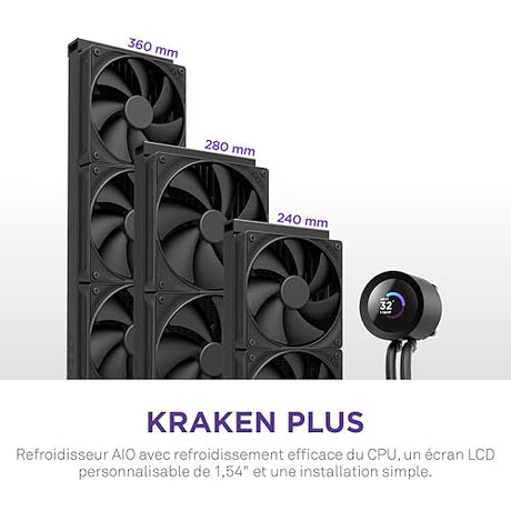 NZXT Kraken Plus 280 – AIO CPU Liquid Cooler – 280mm Radiator – 2 x F140P Fans – Customizable 1.54 Square LCD – AMD® AM5, AM4 – Intel® LGA 1851/1700, 1200/115X – Black 280mm Radiator Kraken Plus Black