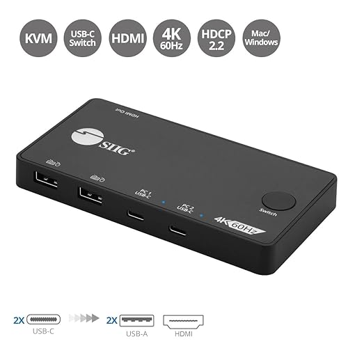 SIIG 2 Port USB-C KVM Switch - 2 Computers to 1 Monitor - 2X USB-A + 2X USB-C - Single 4K 60Hz HDMI, USB-C Bus Powered, Button Control, Thunderbolt 3 Compatible (CE-KV0B11-S1)