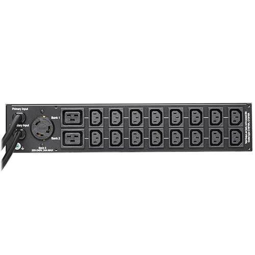 Tripp Lite 5.8kW PDU Single-Phase Monitored 240V w/ ATS Auto-Transfer Switch - 16 C13, 2 C19 & 1 L6-30R Outlets, Dual L6-30P Input Plugs, 2U Rack Mount, TAA Compliant, 2-Year Warranty (PDUMNH30HVAT2)