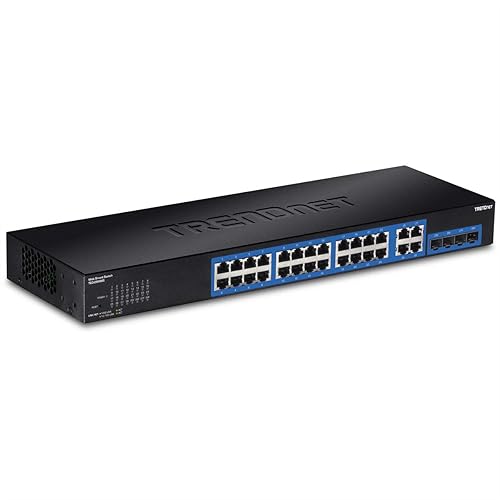 TRENDnet 28-Port Gigabit Web Smart Switch, 24 x Gigabit Ports, 4 x Shared Gigabit Ports (RJ-45/SFP), VLAN, QoS, LACP, IPv6, 56Gbps Switching Capacity,, TEG-284WS,Black 28-Port Web Smart