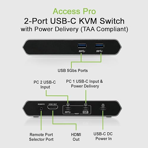 IOGEAR - Access Pro™ 2-Port USB-C KVM Switch with Power Delivery (TAA Compliant) GUD3C04