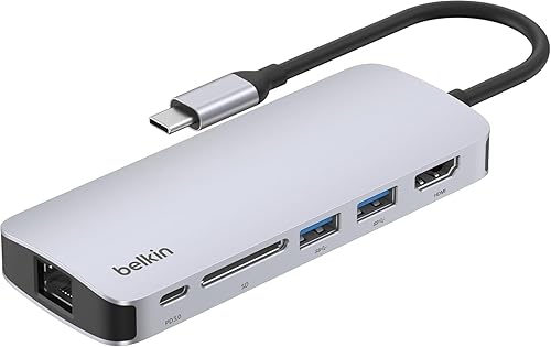 Belkin 7-in-1 USB-C Ethernet Hub USB-C PD 60W 4K HDMI SD Card USB for iPad/iPad Pro/iPad Mini/MacBook/MacBook Pro/MacBook Air/Windows/Surface/Chromebook AVC008fqSGY-V2