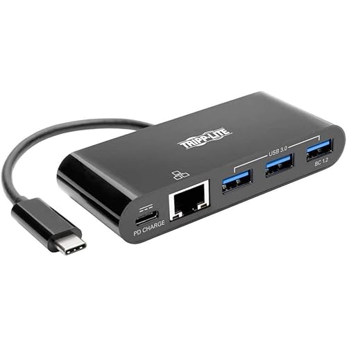 Tripp Lite USB C to Gigabit Ethernet Adapter Converter Docking Station with USB-A Hub, Gbe and PD Charging Thunderbolt 3, USB Type C Black