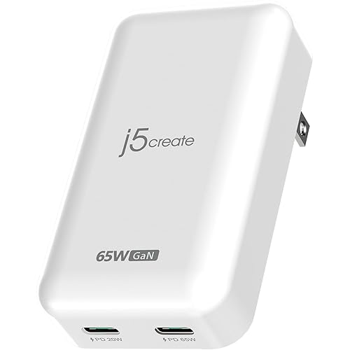j5create 65W GaN Slim PD USB-C 2-Port Charger, White, JUP2465
