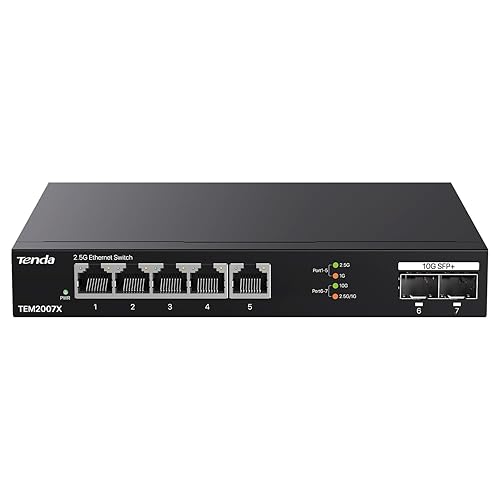Tenda TEM2007X, 5 Port 2.5G Ethernet Switch, Unmanaged 10Gb Switch with 5 x 2.5G Ports & 2 x 10Gb SFP+ Slots, 50Gbps Switching Capacity, Plug & Play, Desktop/ Wall-Mount, Fanless Metal Design