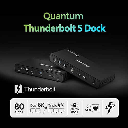 IOGEAR Quantum Thunderbolt 5 Dock Pro - 10 Devices - 80gbps - 2.5G - TB5 Host Dual 8K 60hz / Triple 4K Display 120hz - USB-A, SD 4.0, Audio - TAA - 140W Host Power - Includes PSU - Win 11 — GTD58KTAA